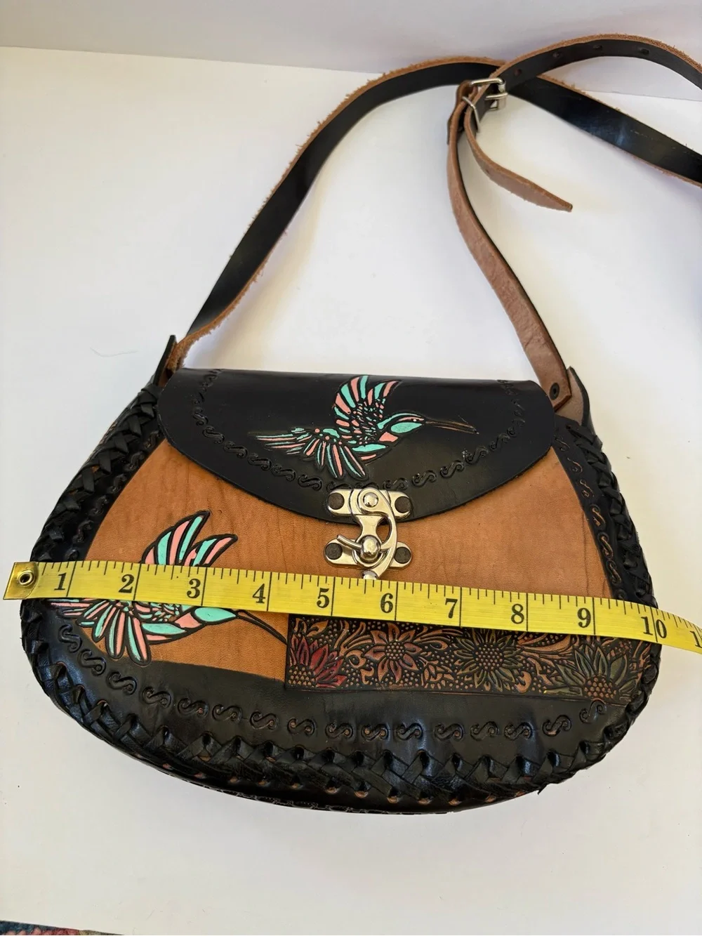Mexican Leather Crossbones Bag Hand Crafted Tooled Hummingbird Brown Black Artsy